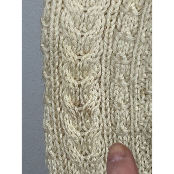 Vintage Cable Knit Sweater L Butter Yellow Leather Button Fisherman Grandpa 80s - Picture 9 of 11